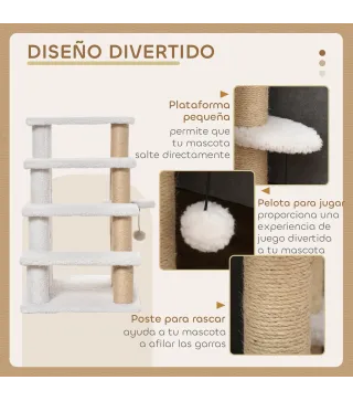 Escalera para Gatos de 4 Niveles Cubierto de Suave Felpa Poste de Yute Bola Colgante 60x40x64 cm Blanco