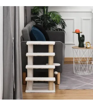 Escalera para Gatos de 4 Niveles Cubierto de Suave Felpa Poste de Yute Bola Colgante 60x40x64 cm Blanco