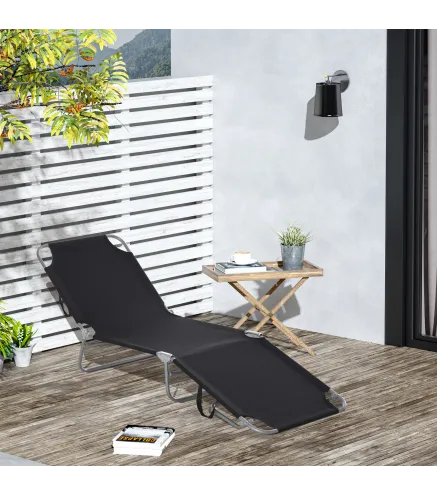 Tumbona Jardín Exterior Plegable con Respaldo Ajustable en 5 Posiciones Carga 120 kg para Terraza 187x55x24 cm Negro