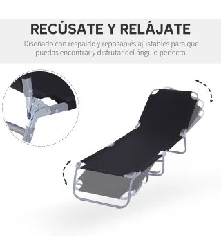 Tumbona Jardín Exterior Plegable con Respaldo Ajustable en 5 Posiciones Carga 120 kg para Terraza 187x55x24 cm Negro