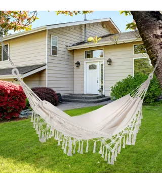 Hamaca de Jardín Estilo Boho 288x150 cm con Bolsa de Transporte Carga 120 kg Hamaca para Patio Terraza Balcón Crema