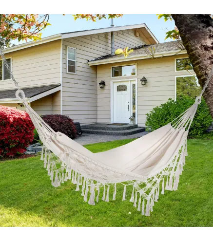 Hamaca de Jardín Estilo Boho 288x150 cm con Bolsa de Transporte Carga 120 kg Hamaca para Patio Terraza Balcón Crema