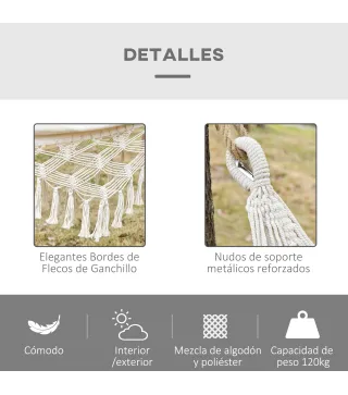 Hamaca de Jardín Estilo Boho 288x150 cm con Bolsa de Transporte Carga 120 kg Hamaca para Patio Terraza Balcón Crema