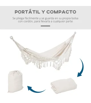 Hamaca de Jardín Estilo Boho 288x150 cm con Bolsa de Transporte Carga 120 kg Hamaca para Patio Terraza Balcón Crema