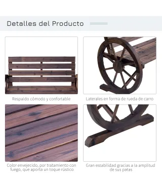 Banco de Madera para Exteriores con Apoyabrazos en Forma de Rueda Aspecto Envejecido Jardín Balcón Terraza 105,5x59x75 c