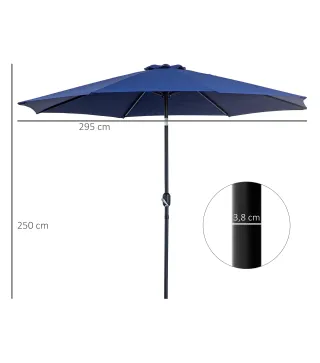 Sombrilla de Jardín Ø295x250cm con Mecanismo de Inclinación y Poste Desmontable de Metal para Terraza Piscina Patio Azul