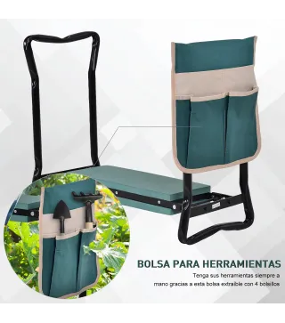 Taburete de Jardín Plegable con Bolsa para Herramientas Protección Cojín Rodillas Asiento de Jardín con Almohadilla Altu