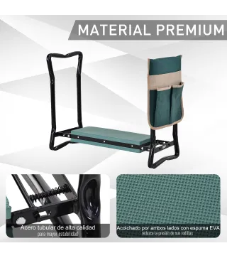 Taburete de Jardín Plegable con Bolsa para Herramientas Protección Cojín Rodillas Asiento de Jardín con Almohadilla Altu