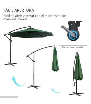 Sombrilla de Jardín Ø300x250 cm Parasol Excéntrico Inclinable con Manivela Base Cruzada y Soporte de Acero Verde