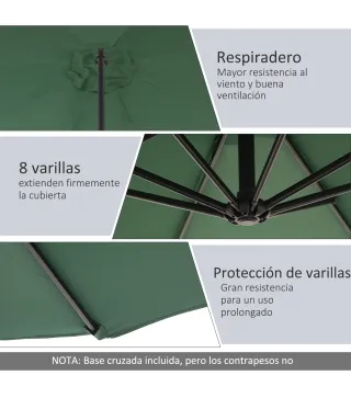 Sombrilla de Jardín Ø300x250 cm Parasol Excéntrico Inclinable con Manivela Base Cruzada y Soporte de Acero Verde