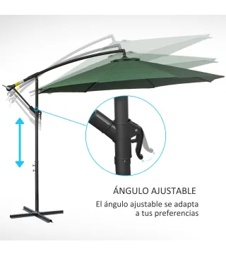 Sombrilla de Jardín Ø300x250 cm Parasol Excéntrico Inclinable con Manivela Base Cruzada y Soporte de Acero Verde