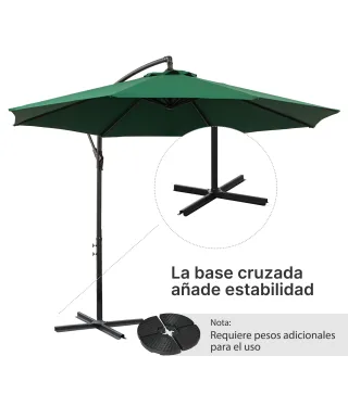 Sombrilla de Jardín Ø300x250 cm Parasol Excéntrico Inclinable con Manivela Base Cruzada y Soporte de Acero Verde