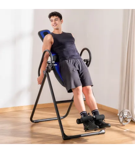 Tabla de Inversión Plegable con Ruedas Altura Ajustable 140-203 cm con Cinturón de Seguridad Carga 110kg Negro y Azul