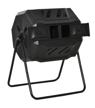 Compostador de Tambor Giratorio con Capacidad 160 Litros de Doble Cámara y Ventilación Marco de Acero 71x65x96cm Negro