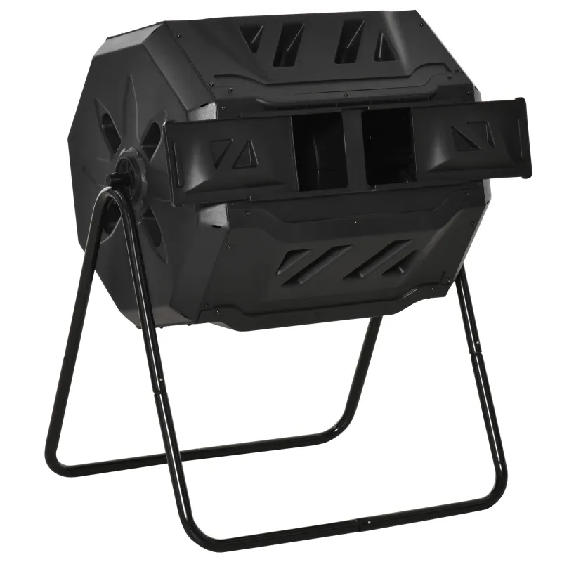 Compostador de Tambor Giratorio con Capacidad 160 Litros de Doble Cámara y Ventilación Marco de Acero 71x65x96cm Negro