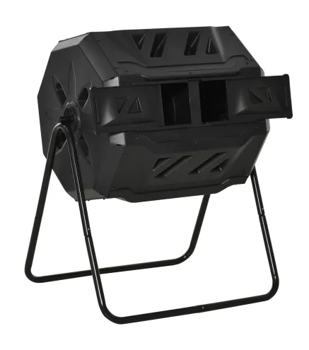 Compostador de Tambor Giratorio con Capacidad 160 Litros de Doble Cámara y Ventilación Marco de Acero 71x65x96cm Negro