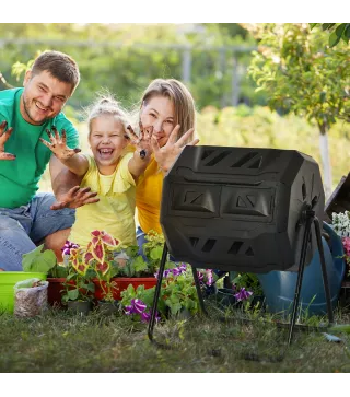 Compostador de Tambor Giratorio con Capacidad 160 Litros de Doble Cámara y Ventilación Marco de Acero 71x65x96cm Negro