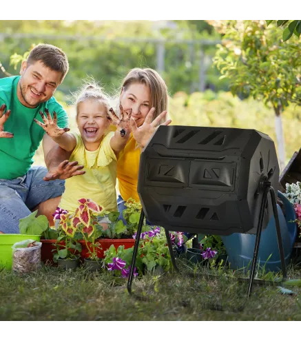 Compostador de Tambor Giratorio con Capacidad 160 Litros de Doble Cámara y Ventilación Marco de Acero 71x65x96cm Negro