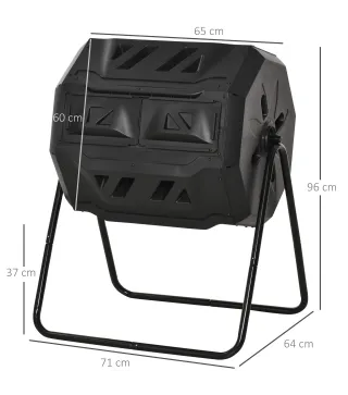 Compostador de Tambor Giratorio con Capacidad 160 Litros de Doble Cámara y Ventilación Marco de Acero 71x65x96cm Negro