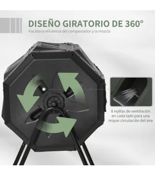 Compostador de Tambor Giratorio con Capacidad 160 Litros de Doble Cámara y Ventilación Marco de Acero 71x65x96cm Negro