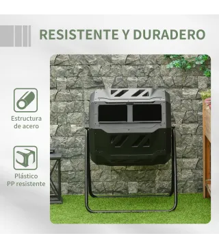 Compostador de Tambor Giratorio con Capacidad 160 Litros de Doble Cámara y Ventilación Marco de Acero 71x65x96cm Negro