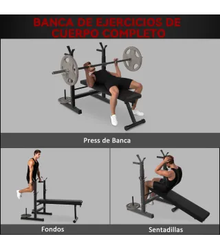 Banco de Musculación con Soporte para Barra y Estación de Dips Carga 220 kg para Entrenamiento en Casa Gimnasio