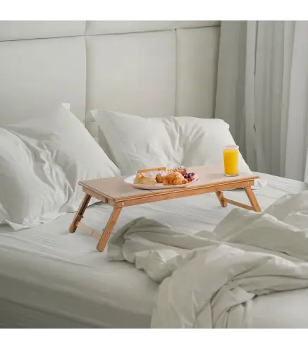 Mesa de Ordenador Portátil Bambú Bandeja de Cama Desayuno Plegable Reclinable Altura Ajustable Soporte Escritorio de reg