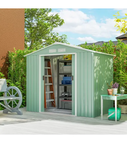 Caseta de Jardín 213x130x185 cm Cobertizo de Exterior Metálico para Almacenamiento de Herramientas Verde Claro