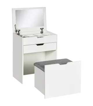 Tocador de Maquillaje con Taburete Oculto Espejo Abatible Cajón y 7 Compartimentos Taburete con Almacenamiento Blanco