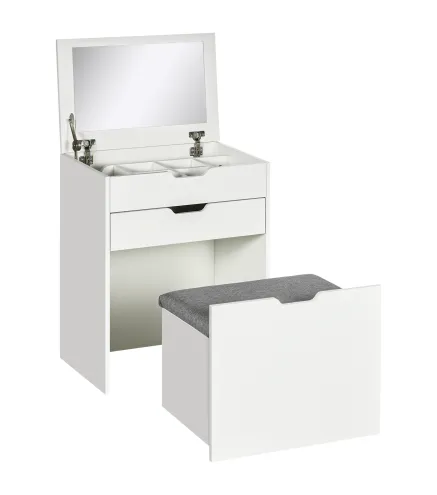 Tocador de Maquillaje con Taburete Oculto Espejo Abatible Cajón y 7 Compartimentos Taburete con Almacenamiento Blanco