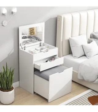 Tocador de Maquillaje con Taburete Oculto Espejo Abatible Cajón y 7 Compartimentos Taburete con Almacenamiento Blanco