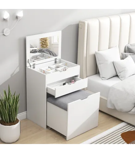 Tocador de Maquillaje con Taburete Oculto Espejo Abatible Cajón y 7 Compartimentos Taburete con Almacenamiento Blanco