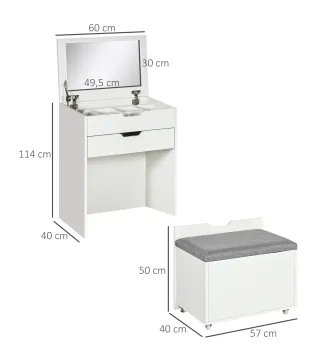 Tocador de Maquillaje con Taburete Oculto Espejo Abatible Cajón y 7 Compartimentos Taburete con Almacenamiento Blanco