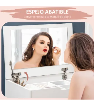 Tocador de Maquillaje con Taburete Oculto Espejo Abatible Cajón y 7 Compartimentos Taburete con Almacenamiento Blanco