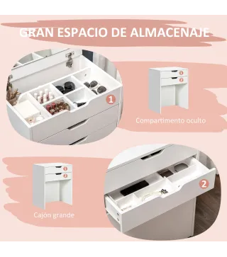 Tocador de Maquillaje con Taburete Oculto Espejo Abatible Cajón y 7 Compartimentos Taburete con Almacenamiento Blanco