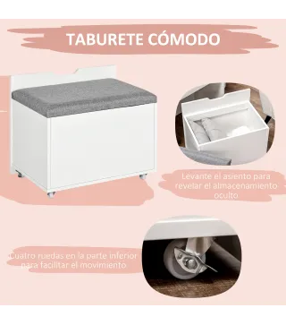 Tocador de Maquillaje con Taburete Oculto Espejo Abatible Cajón y 7 Compartimentos Taburete con Almacenamiento Blanco