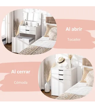 Tocador de Maquillaje con Taburete Oculto Espejo Abatible Cajón y 7 Compartimentos Taburete con Almacenamiento Blanco