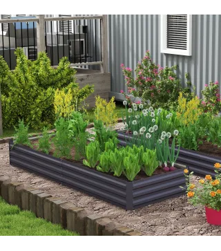 Jardinera Elevada de Acero Galvanizado Rectangular para Exteriores con Fondo Abierto 241x90,5x30 cm Gris