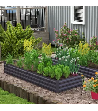 Jardinera Elevada de Acero Galvanizado Rectangular para Exteriores con Fondo Abierto 241x90,5x30 cm Gris