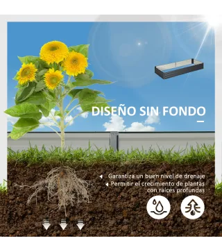 Jardinera Elevada de Acero Galvanizado Rectangular para Exteriores con Fondo Abierto 241x90,5x30 cm Gris