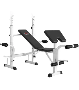 Banco de Musculación Inclinable con Soporte para Barra Ajustable Extensión de Piernas y Curl de Predicador para Gimnasio