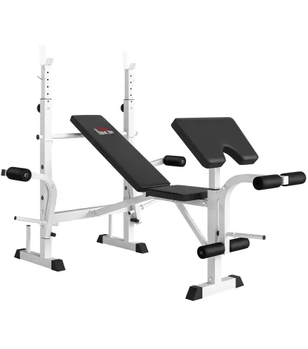 Banco de Musculación Inclinable con Soporte para Barra Ajustable Extensión de Piernas y Curl de Predicador para Gimnasio