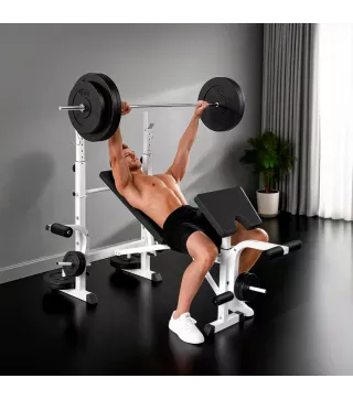 Banco de Musculación Inclinable con Soporte para Barra Ajustable Extensión de Piernas y Curl de Predicador para Gimnasio