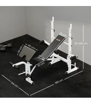 Banco de Musculación Inclinable con Soporte para Barra Ajustable Extensión de Piernas y Curl de Predicador para Gimnasio