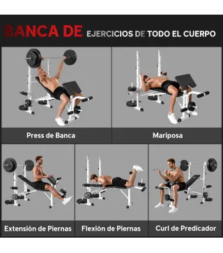 Banco de Musculación Inclinable con Soporte para Barra Ajustable Extensión de Piernas y Curl de Predicador para Gimnasio