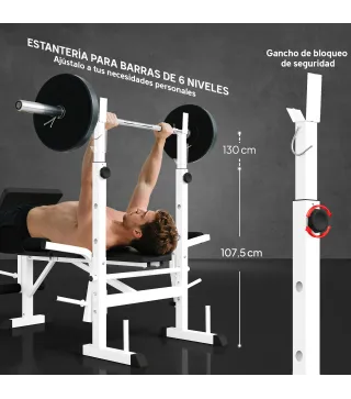 Banco de Musculación Inclinable con Soporte para Barra Ajustable Extensión de Piernas y Curl de Predicador para Gimnasio