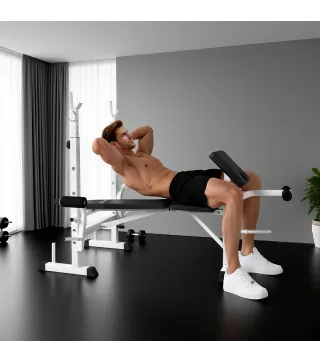 Banco de Musculación Inclinable con Soporte para Barra Ajustable Extensión de Piernas y Curl de Predicador para Gimnasio