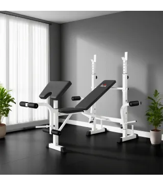 Banco de Musculación Inclinable con Soporte para Barra Ajustable Extensión de Piernas y Curl de Predicador para Gimnasio