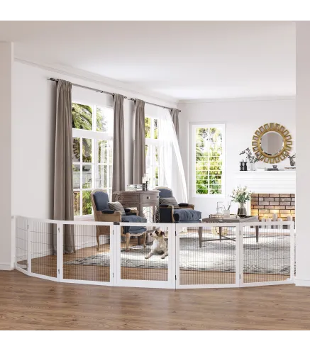 Barrera de Seguridad para Perros Plegable de Madera para Escaleras y Puertas con Soporte de Pie 432x36x70 cm Blanco
