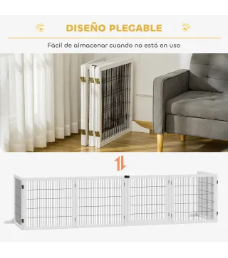 Barrera de Seguridad para Perros Plegable de Madera para Escaleras y Puertas con Soporte de Pie 432x36x70 cm Blanco